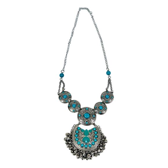Vintage Boho Western Retro Turquoise Silver Necklace Gypsy Chunky 14" Fantasy - Picture 2 of 8